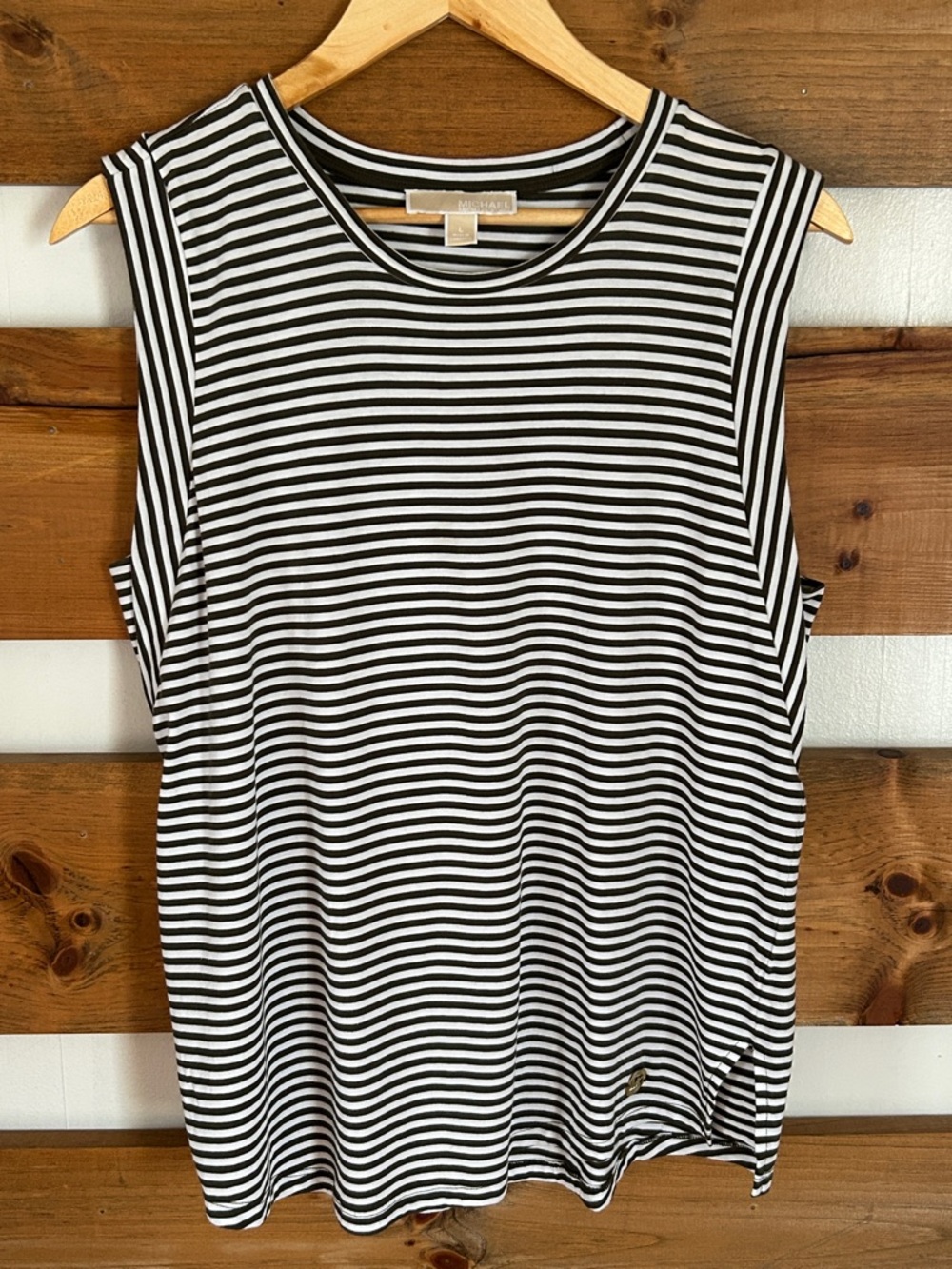 MICHAEL Kors Blouse Olive Green & White Striped Sleeveless Gold Logo Tag Size L